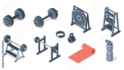 Isometric gym equipment collection: dumbbells, barbells, and accessories for fitness enthusiasts