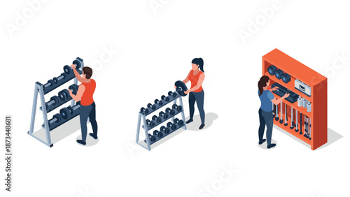 Isometric fitness training with dumbbells and exercise equipment in a modern gym setting