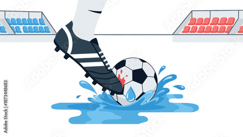 Soccer cleat kicking ball in puddle on field with stadium background