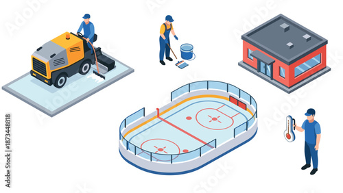 Isometric ice rink maintenance scene with workers and equipment