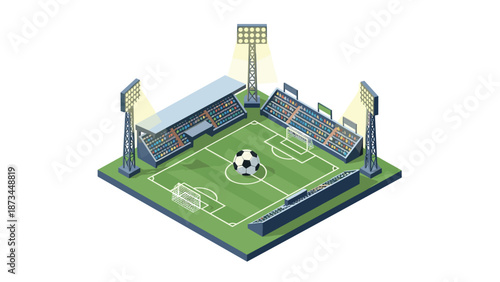 Isometric soccer stadium with floodlights and green field design