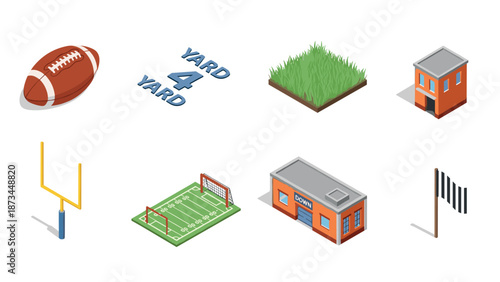 Isometric american football elements: field, goal, ball, buildings, and signage