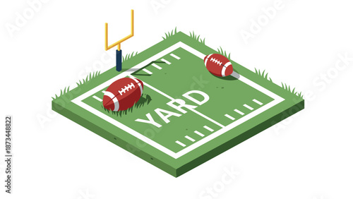 Isometric football field with goal post and footballs on grass