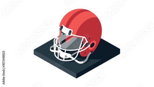 Isometric red american football helmet on display stand: sports gear design