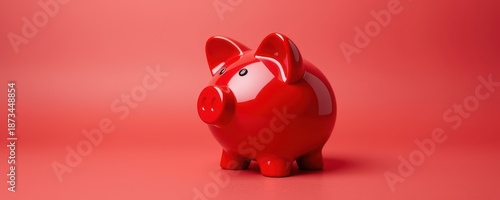 A bright red piggy bank sits centered on a vibrant red backdrop, symbolizing savings and financial growth, financial planning, studio shot