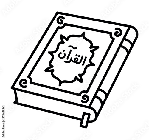 Quran in doodle outline style. Hand drawn contour islamic book icon from the Holy Quran. Minimal line symbol vector illustration.