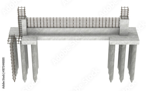 Pile Foundation with Reinforced Concrete Beam and Columns – Civil Infrastructure Structural 3D Render Isolated on White