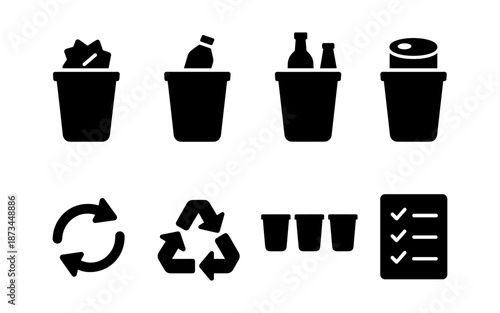 Collection of recycling and waste management icons including bins and symbols