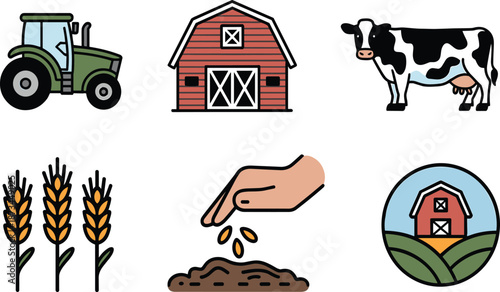 Farm agriculture icon set, tractor barn cow crops planting cycle, sustainable farming food production, flat colorful vector illustration design elements