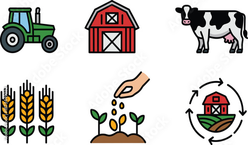 Farm agriculture icon set, tractor barn cow crops planting cycle, sustainable farming food production, flat colorful vector illustration design elements
