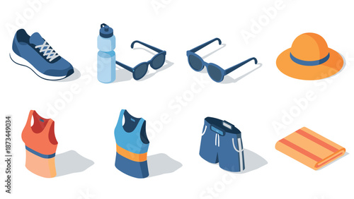 Isometric summer essentials: sunglasses, hat, sneakers, water bottle, beach towel, and swimwear