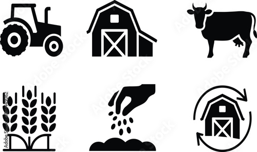 Farm agriculture icon set, tractor barn cow crops planting cycle, sustainable farming food production, flat colorful vector illustration design elements