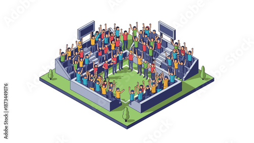Animated isometric crowd celebrating in a stadium scene