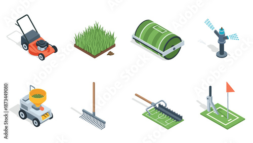 Isometric lawn care tools and equipment set for garden maintenance