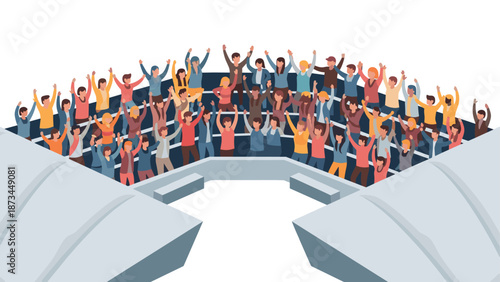 Diverse crowd celebrating in stadium stands with raised arms