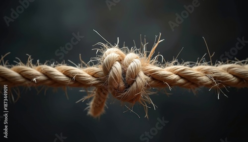 Frayed thick rope pulled taut with a knot. Fibers strain showing risk, a test of strength and durability. A precarious situation demanding careful solutions.