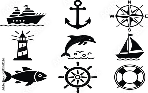 Nautical maritime icon set, ship anchor compass lighthouse sailboat fish wheel lifebuoy, ocean navigation symbols, black silhouette vector collection