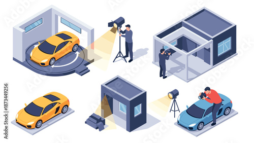 Automotive photography studio scene with car and equipment in isometric style
