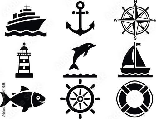 Nautical maritime icon set, ship anchor compass lighthouse sailboat fish wheel lifebuoy, ocean navigation symbols, black silhouette vector collection