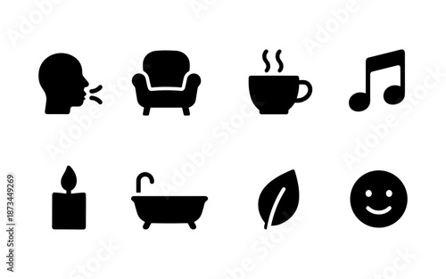 Collection of icons representing relaxation, self-care, and well-being activities