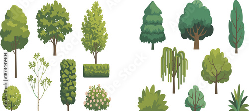 Tree and shrub illustration set, forest garden plants, green foliage elements, landscape design assets, flat vector nature icons collection, pack