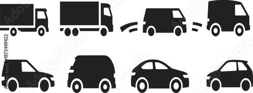 Vehicle icons set, truck van car silhouettes, transportation delivery logistics symbols, minimalist black flat vector illustration collection