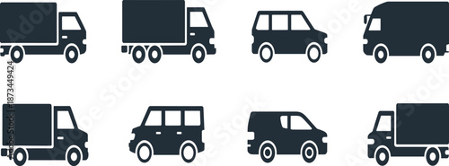 Vehicle icons set, truck van car silhouettes, transportation delivery logistics symbols, minimalist black flat vector illustration collection