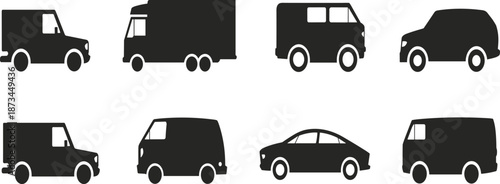 Vehicle icons set, truck van car silhouettes, transportation delivery logistics symbols, minimalist black flat vector illustration collection