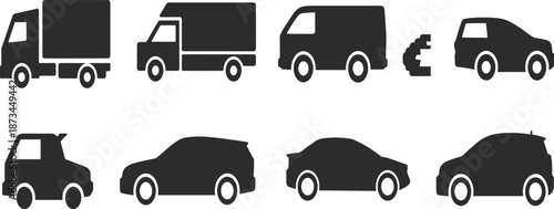 Vehicle icons set, truck van car silhouettes, transportation delivery logistics symbols, minimalist black flat vector illustration collection