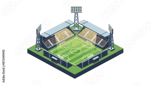 Isometric soccer stadium with green field and colorful stands in daylight