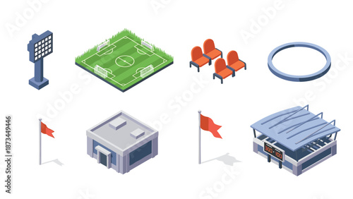 Isometric soccer stadium elements with field and stands for sports design