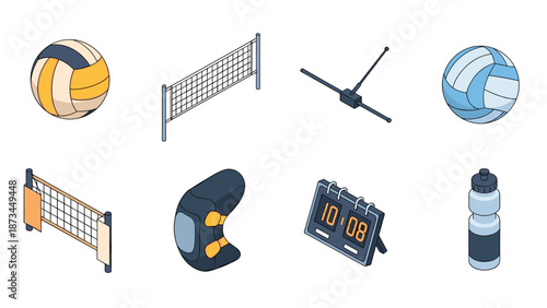 Isometric sports equipment icons: volleyball, nets, stopwatch, water bottle