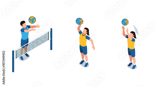 Isometric volleyball players in action with ball and net on white background