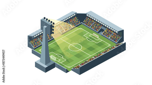 Futuristic isometric soccer stadium with seating and lighting in vibrant 3d design