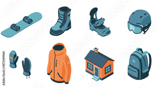 Winter sports equipment in isometric style: snowboard, gear, and clothing essentials