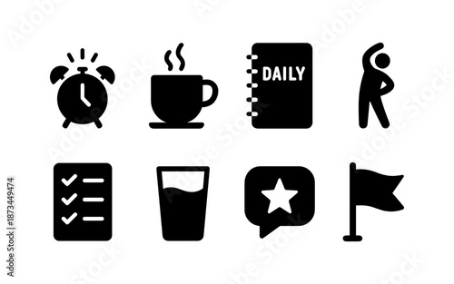 Daily routine icons: alarm clock, coffee, journal, exercise, checklist, water, star, and flag