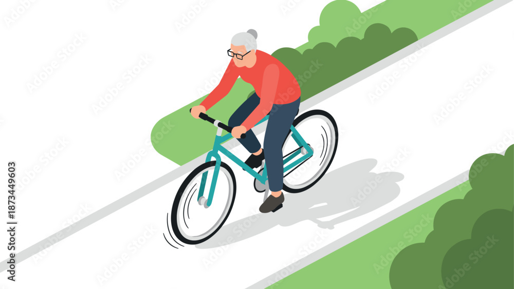 Fototapeta premium Elderly woman cycling on pathway through nature in isometric style