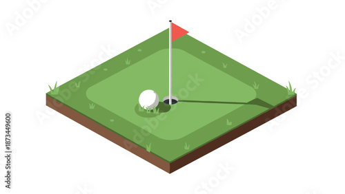 Isometric golf course with hole and flag featuring a golf ball on grass