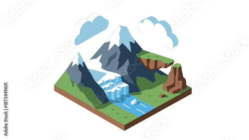 Isometric mountain landscape with waterfall and clouds in low poly art style