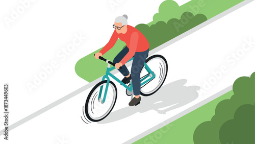Elderly woman cycling on pathway through nature in isometric style