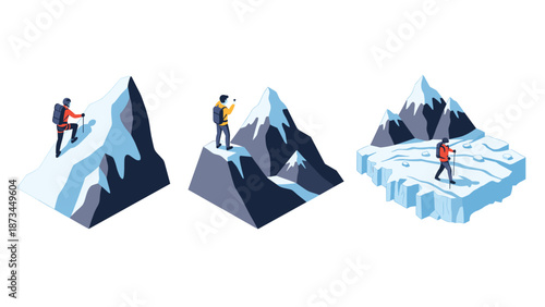 Adventurous climbers on isometric snowy peaks exploring high alpine landscapes