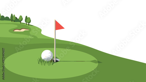 Minimalist golf course design with red flag and golf ball on green hill