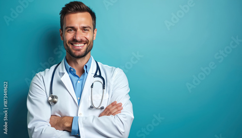 Young doctor wearing white lab coat and stethoscope smiles confidently. He is crossing his arms with a friendly expression against a plain blue backdrop. © Vadym