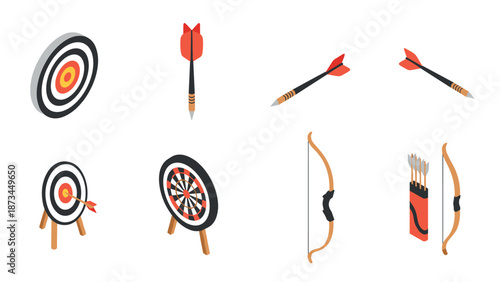 Archery equipment set with targets, bows, arrows, and quiver in isometric style