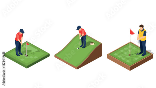 Isometric golf players in action on miniature green platforms