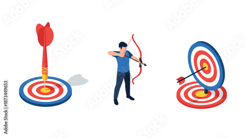Isometric archery concept with target and archer on white background