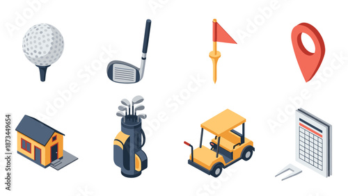 Isometric golf equipment and accessories set with cart and gps marker