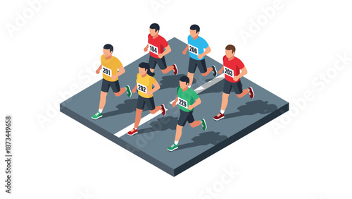 Isometric runners in marathon race on urban street
