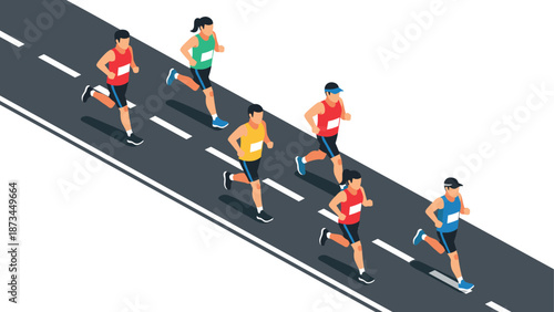 Isometric marathon runners on city street in vibrant athletic wear