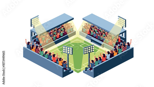 Vibrant soccer stadium with energetic fans in isometric style under bright stadium lights